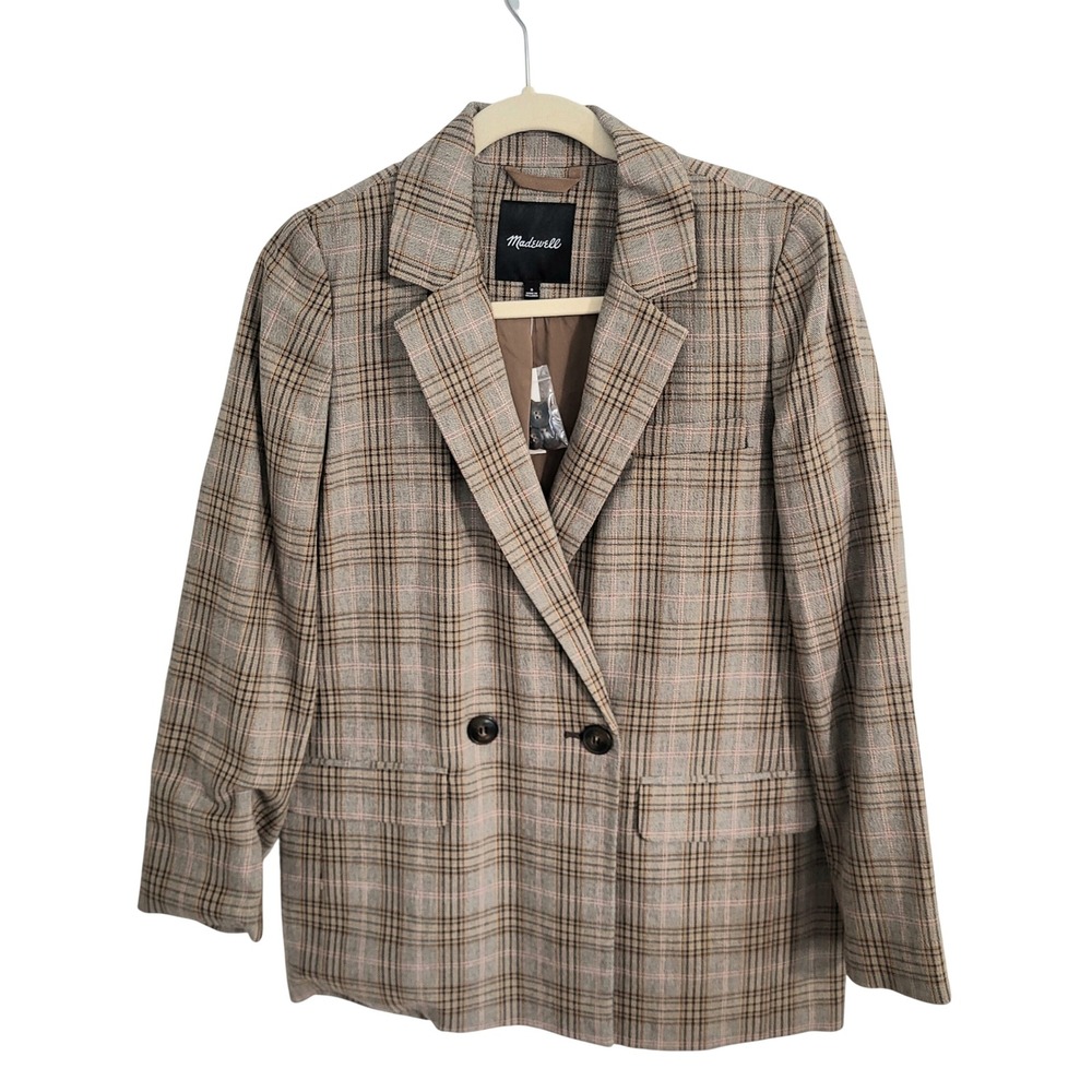 Madewell Caldwell Double Breasted Blazer Jacket Tartan Plaid Tan Oversized Small - Picture 3 of 8